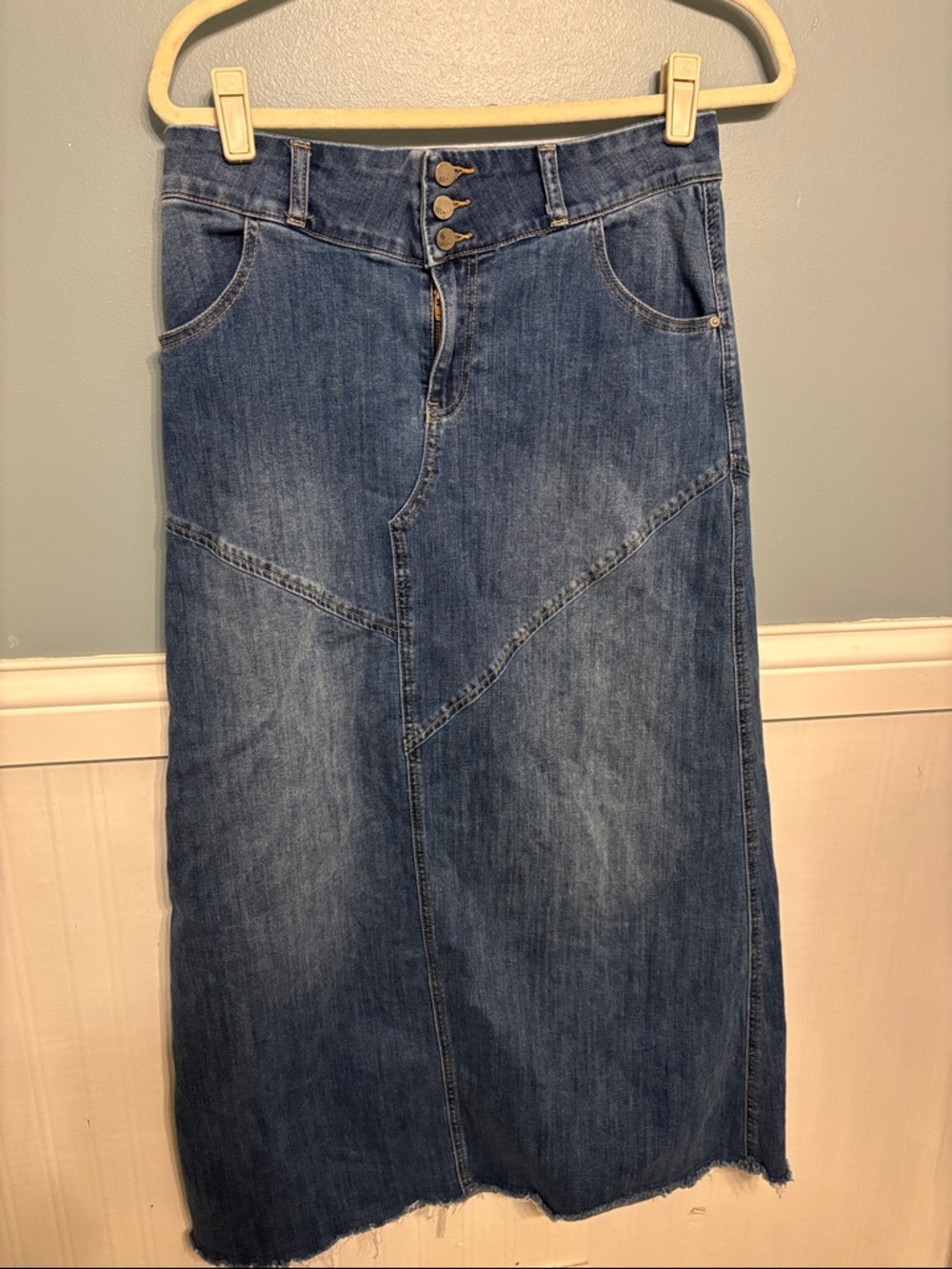 Wash Lab High-Rise Blue Denim Maxi Skirt with Triple Button Waist